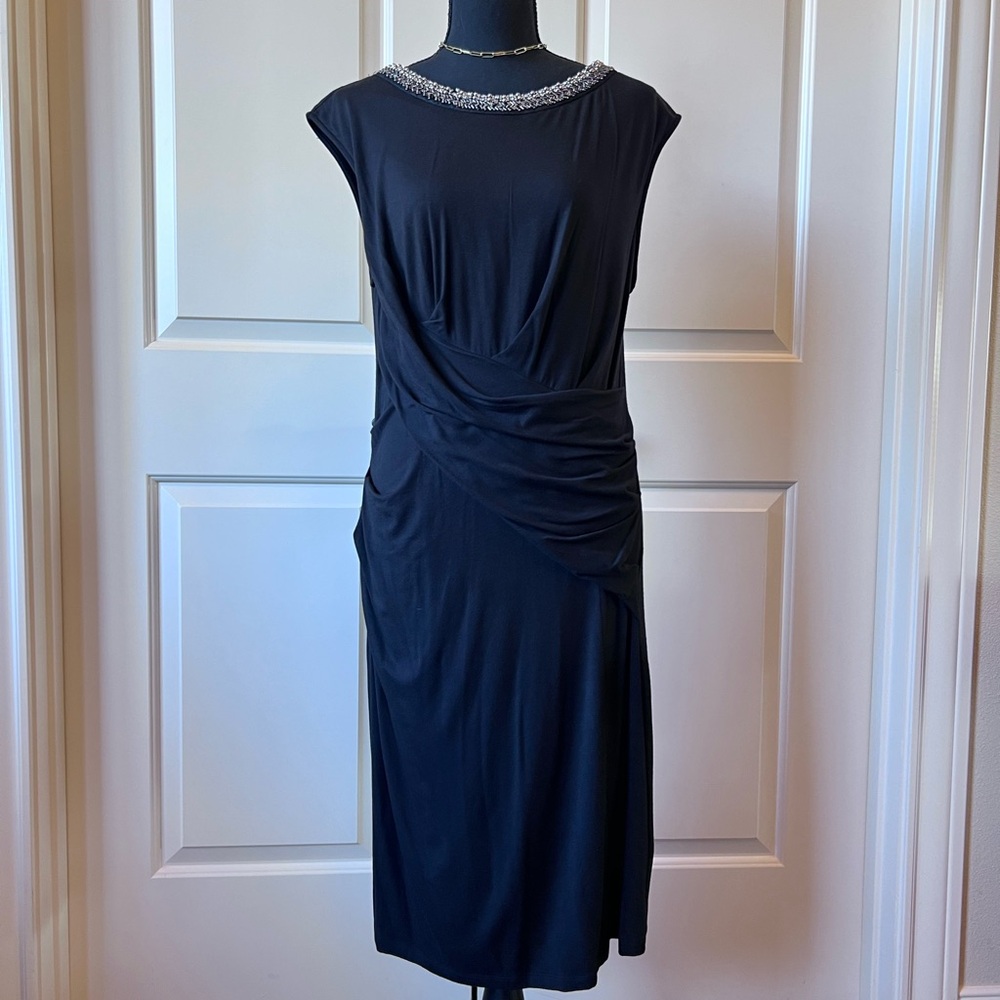 Black Midi Length Faux Wrap Dress with Beaded Neckline